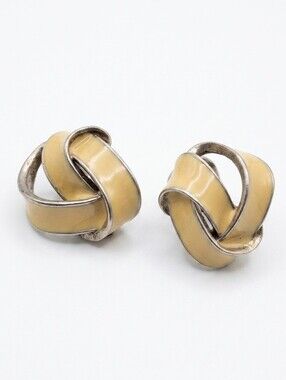 Vintage 80s Twisted Enamel Clip On Earrings Yellow Silver Fashion Jewelry